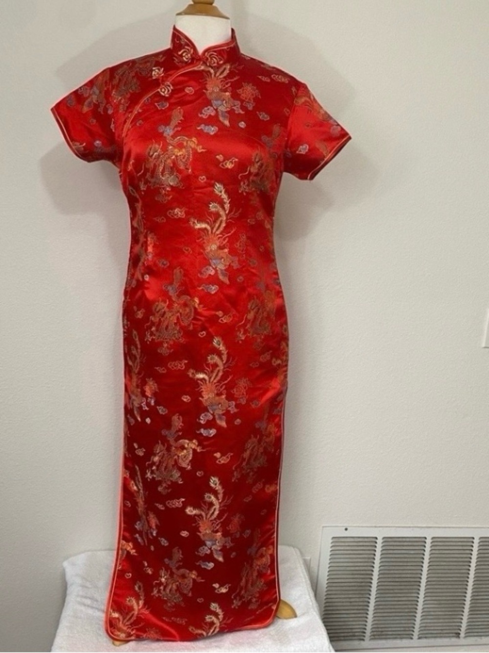 Laoguda Traditional Red Gold Floral Dragon Satin Asian Cheongsam Dress Size XL
